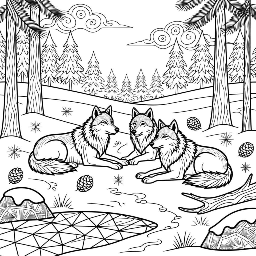 A pack of wolves resting in a snowy pine forest clearing.