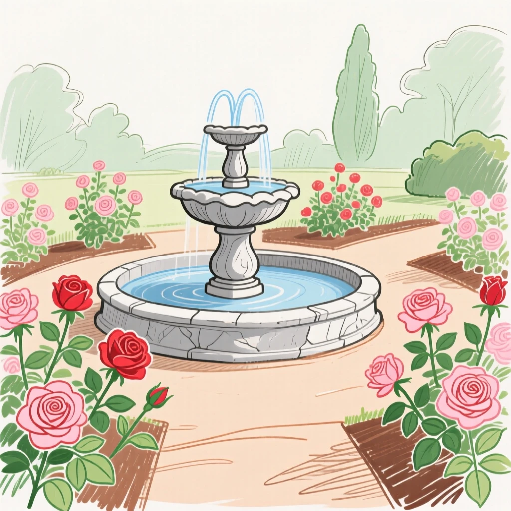 A rose garden arranged around a stone fountain.