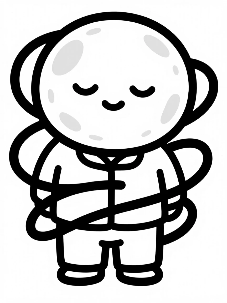 A round moon-shaped creature with a sleepy face and pajamas.