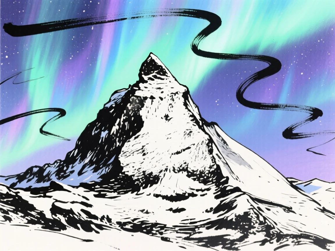 A snow-covered mountain peak glowing under the northern lights.