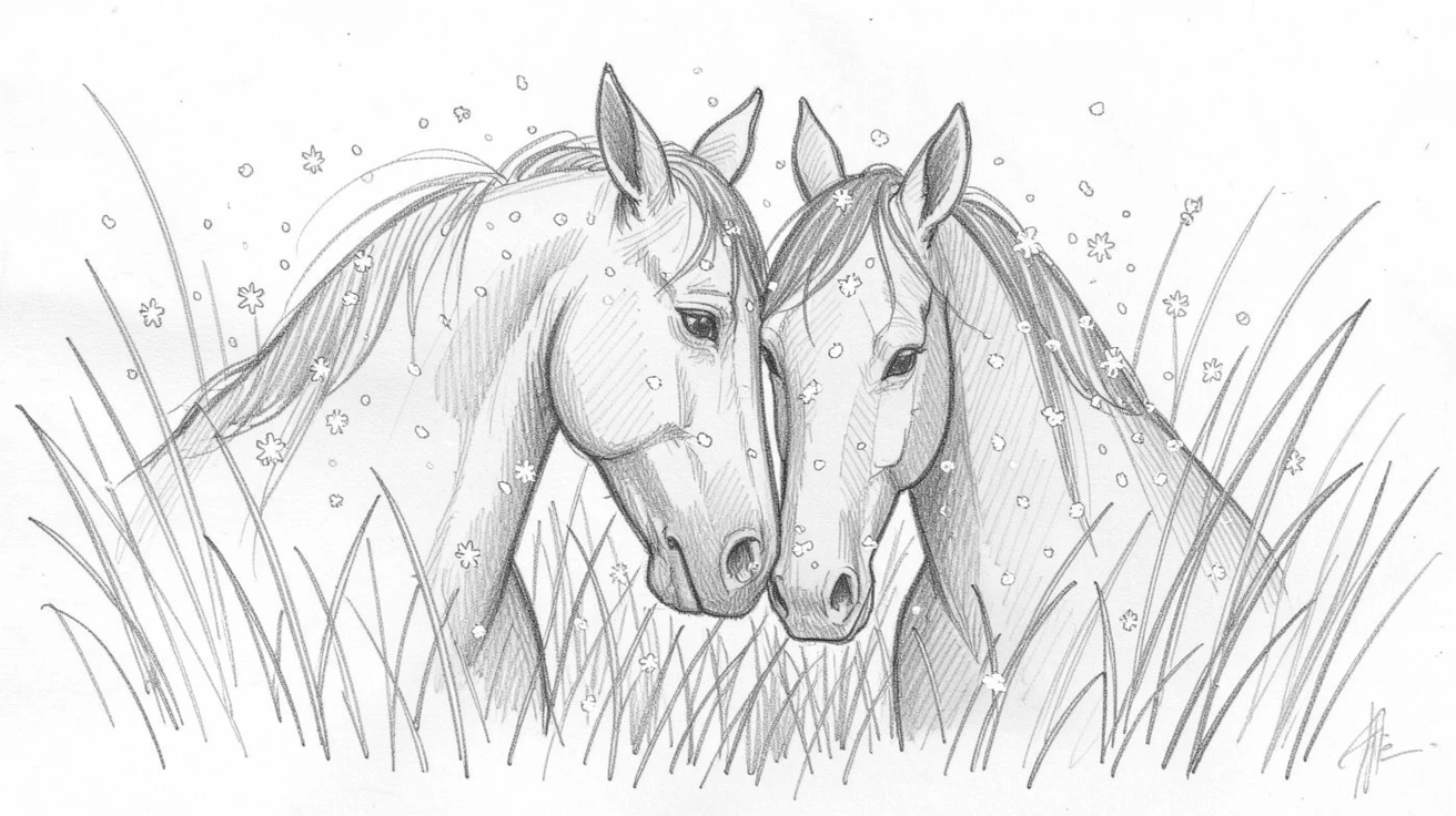 A pair of nuzzling horses peeking out from tall autumn grass, with snowflakes settling on its fur.