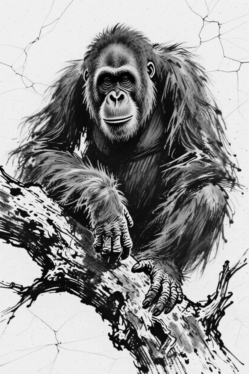 An orangutan perched on a weathered tree branch.