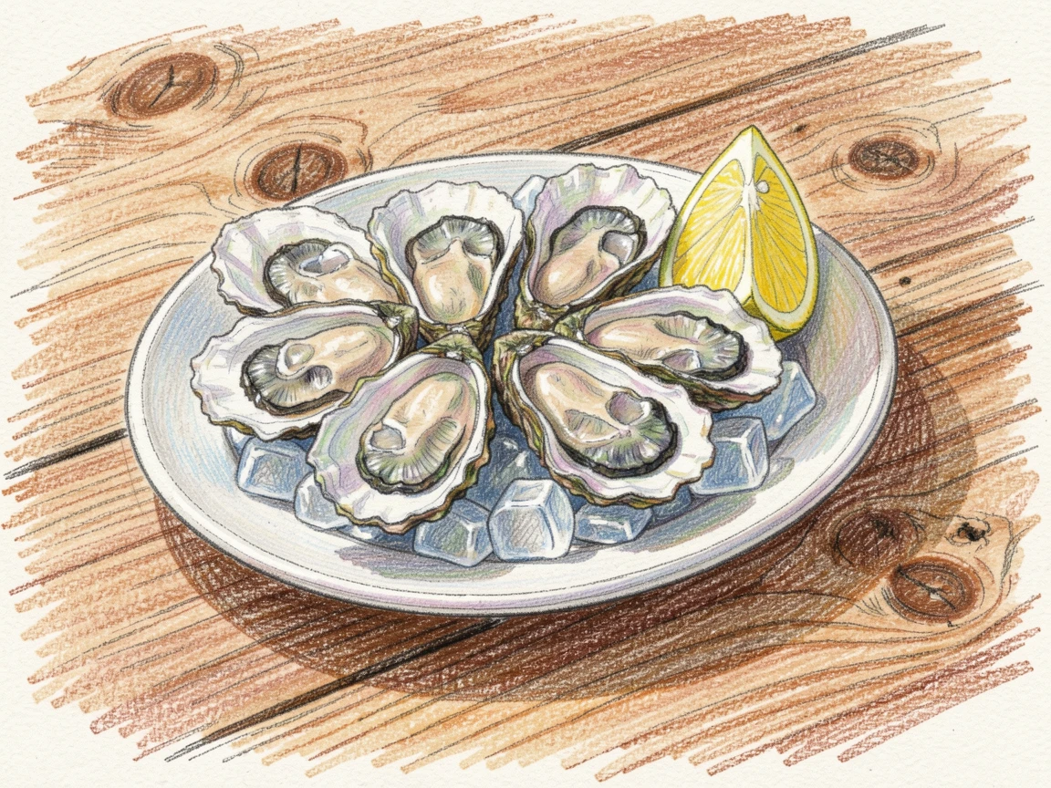 A plate of fresh oysters on ice with a wedge of lemon, arranged casually on a rustic wooden surface, capturing a quiet, satisfying morning ritual.