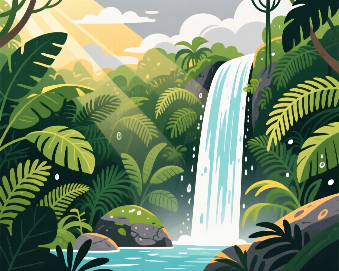 A dense jungle waterfall surrounded by exotic ferns, with soft rays of sunlight breaking through the clouds, balanced using the rule of thirds for natural harmony, with a fresh, crisp clarity that highlights every detail.