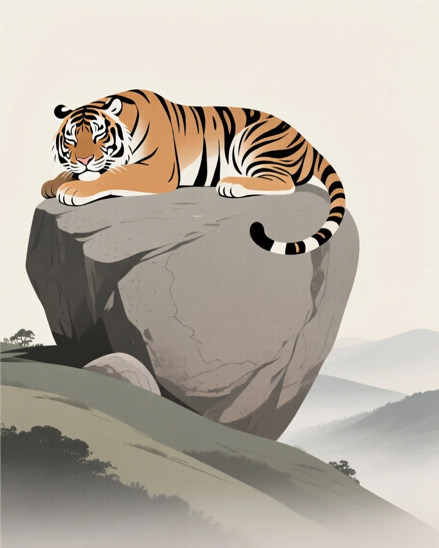 A majestic tiger resting on a hillside boulder overlooking the misty valley.