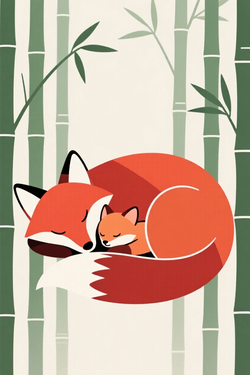 A red fox and its young curled up asleep together in a bamboo grove, expressing protective warmth.