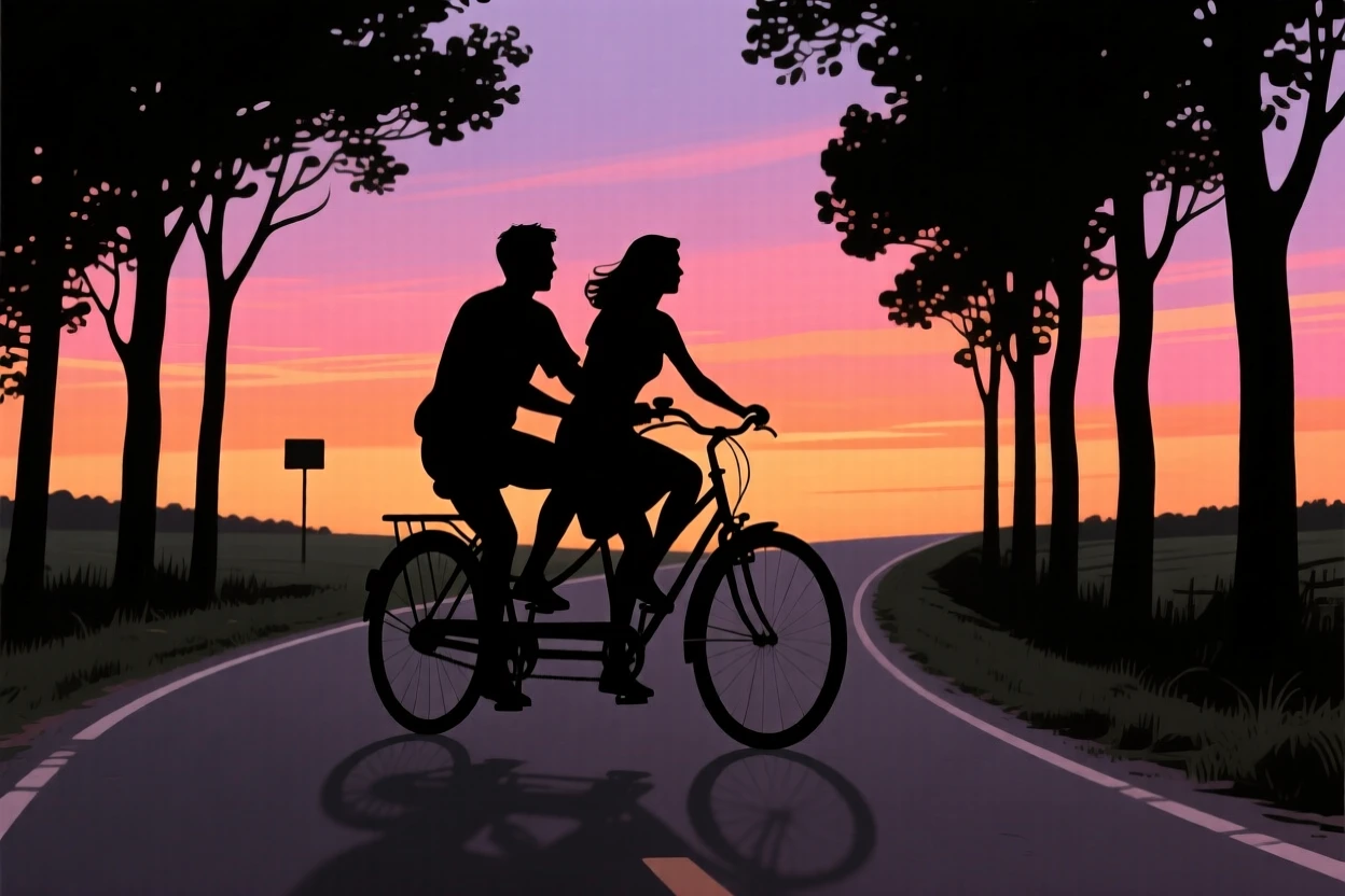 A couple riding a tandem bicycle down a tree-lined country road.