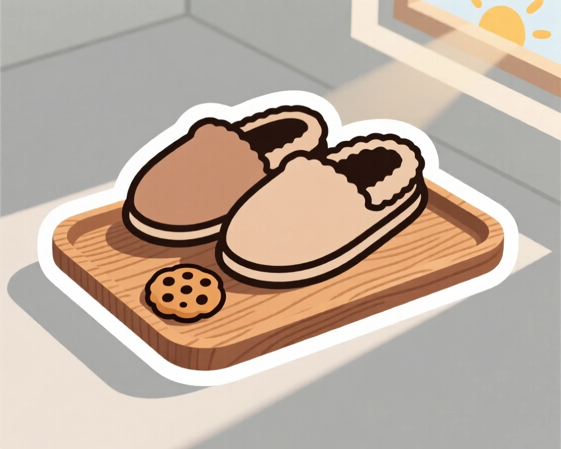 A nostalgic pair of cozy slippers, set on a tray with a single cookie, in a sunlit reading corner.