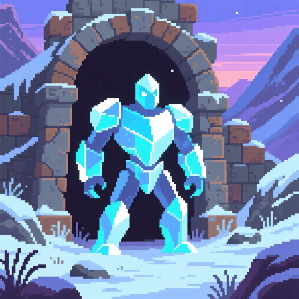 A crystal golem glowing from within guarding the entrance to an ancient ruin, in a snowy mountain pass at dusk.