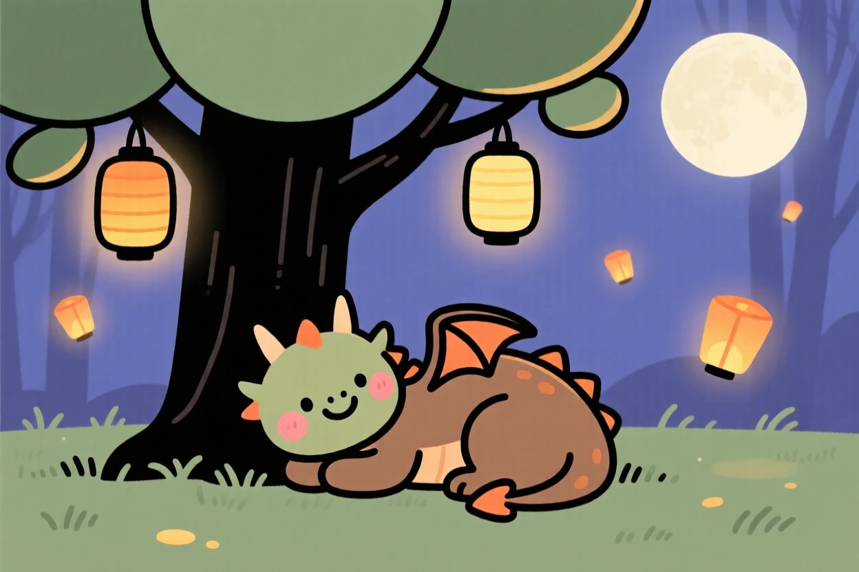 A small dragon rests beneath a tree hung with lanterns in an moonlit clearing, surrounded by floating lanterns that drifts gently through the air.