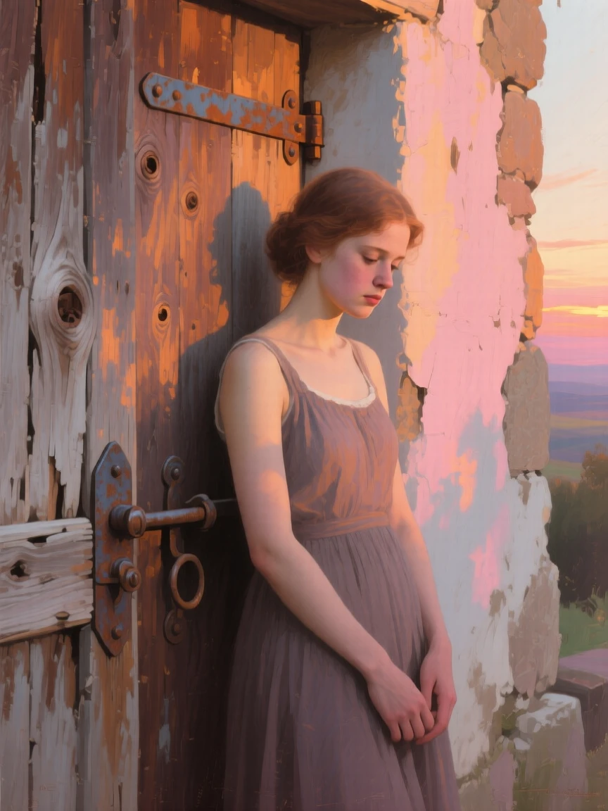 An intimate close-up of a young woman beside a rustic wooden door, lost in thoughtful reflection, in the last light of sunset.
