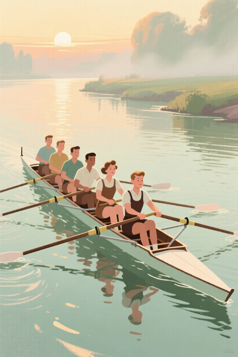 A rowing crew gliding across a calm river at sunrise