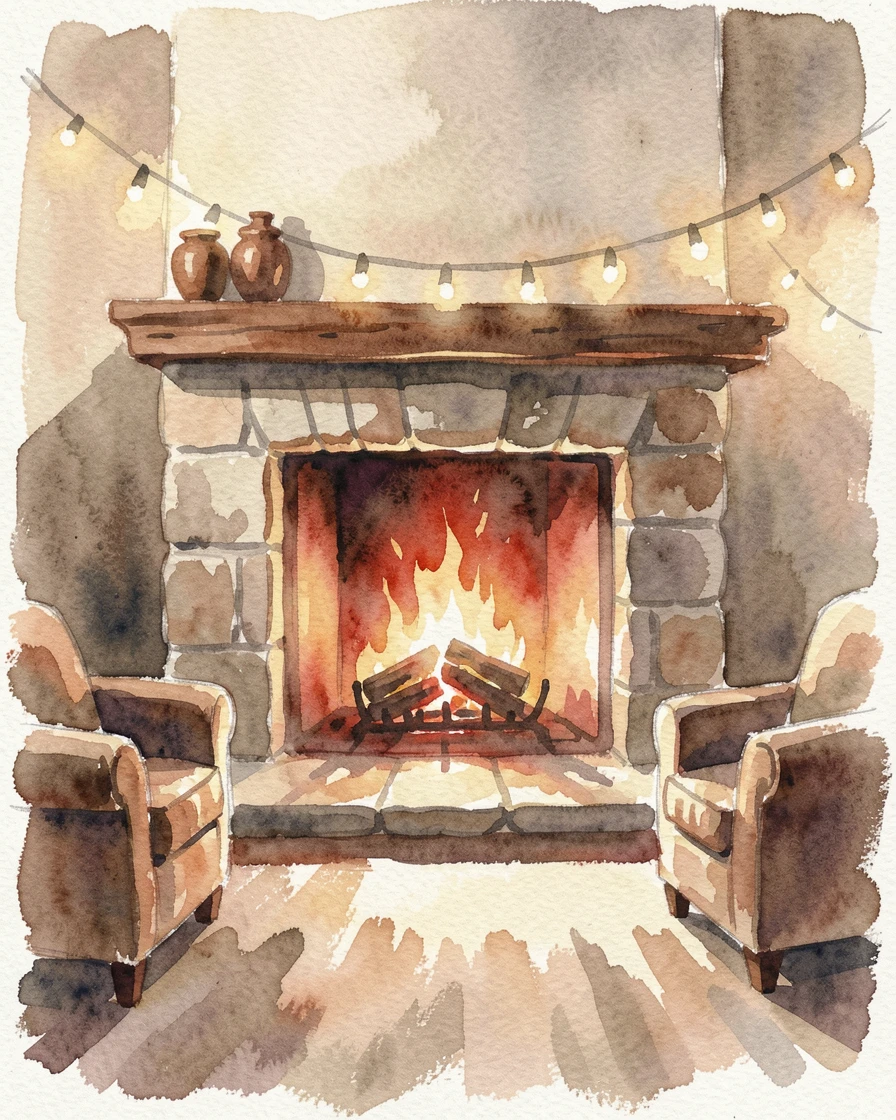 A fireplace crackling in a warm living room with warm string lights glowing.