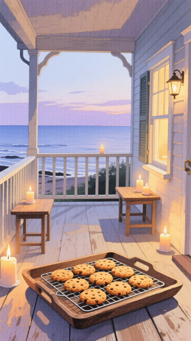 A charming view of a seaside cottage porch, with candles flickering on every surface, featuring a tray of cookies cooling on a rack