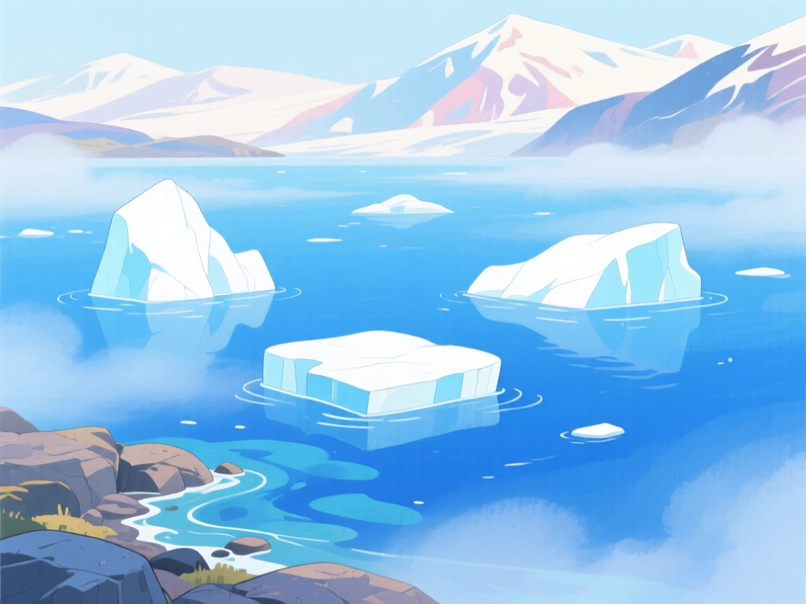 A glacier lake with icebergs floating in blue water, with gentle mist rolling low across the ground, filled with quiet majesty and stillness.