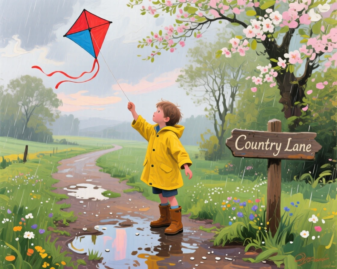 a child flying a kite beside a country lane, after a light spring rain, from an inviting eye-level viewpoint.