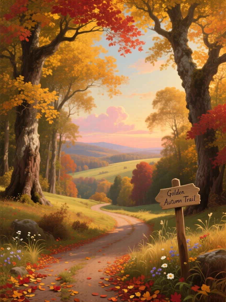 Golden autumn leaves bloom along a quiet countryside path as the seasons change.