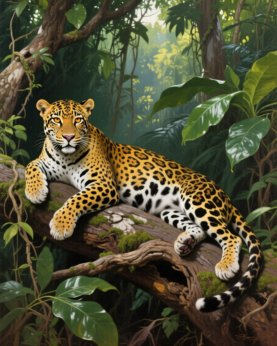 A jaguar resting on a thick tree branch deep in the Amazon rainforest, captured in a fleeting moment of pure wild instinct, capturing a rare and intimate glimpse into wild life