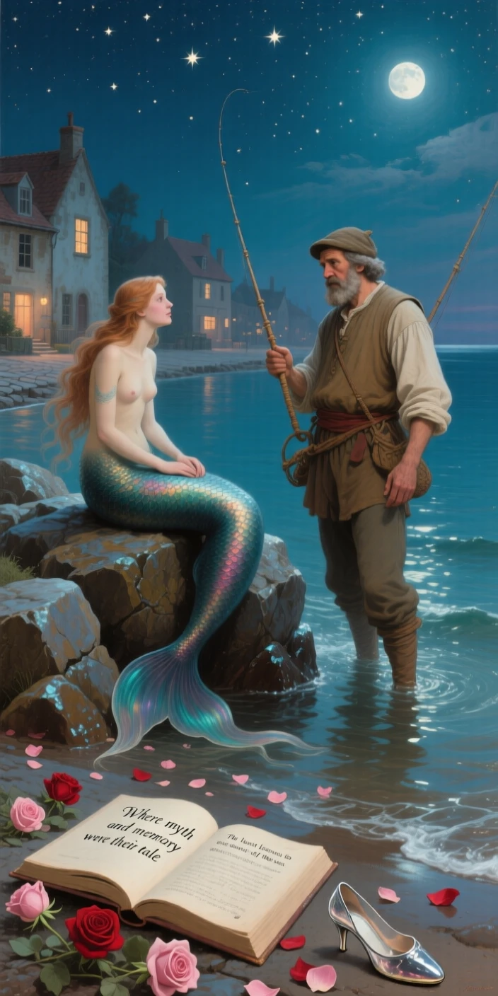 A fisherman encountering a mermaid perched upon moonlit rocks at the exact moment magic and reality intertwine, set beneath a canopy of stars over a sleepy village square, with scattered rose petals, an open storybook, and a forgotten glass slipper; the composition frames the central figure like a page brought to life, suggesting the enduring power of myth and memory.