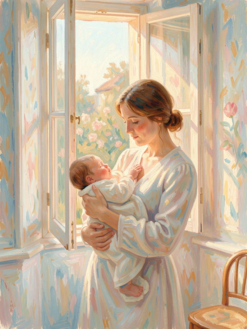 A mother cradling her newborn by a window, soft morning light wrapping around them both.