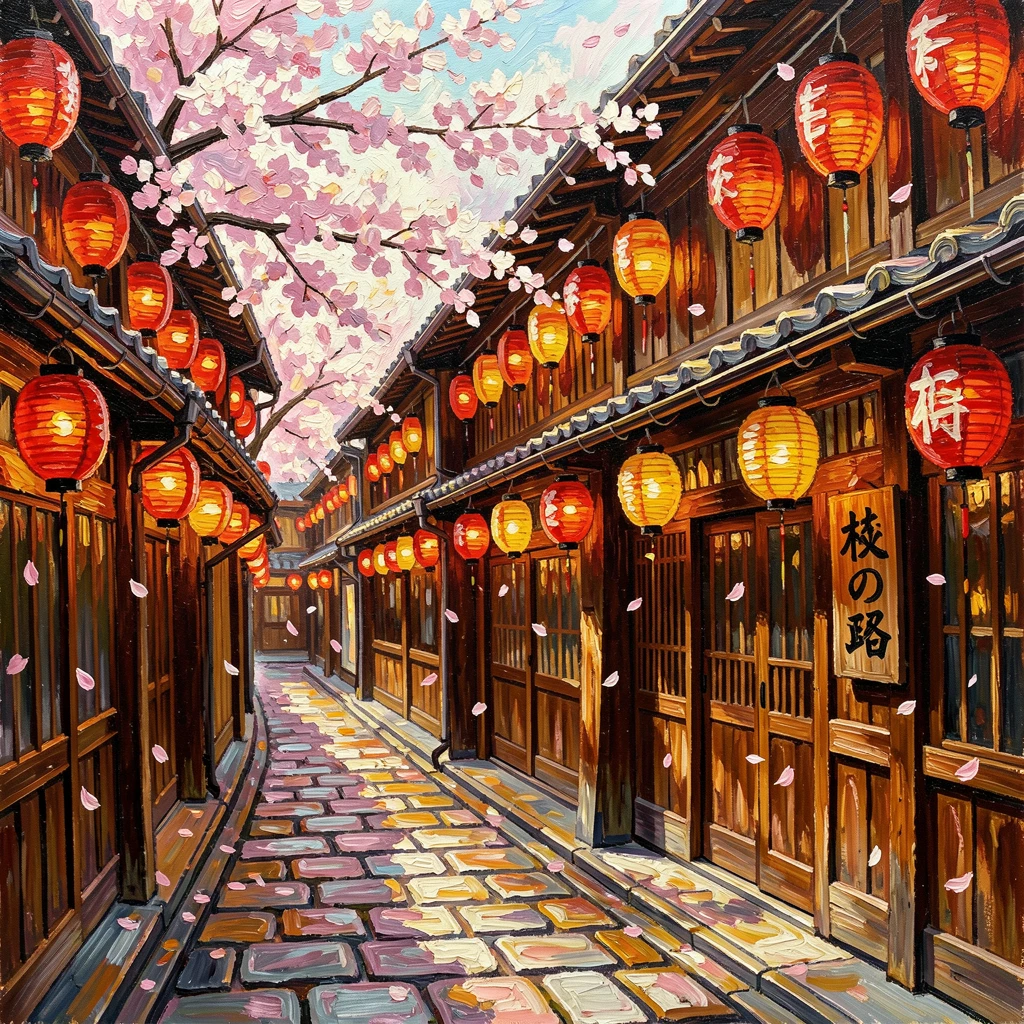 A narrow Kyoto street lined with lanterns and wooden facades during cherry blossom season.