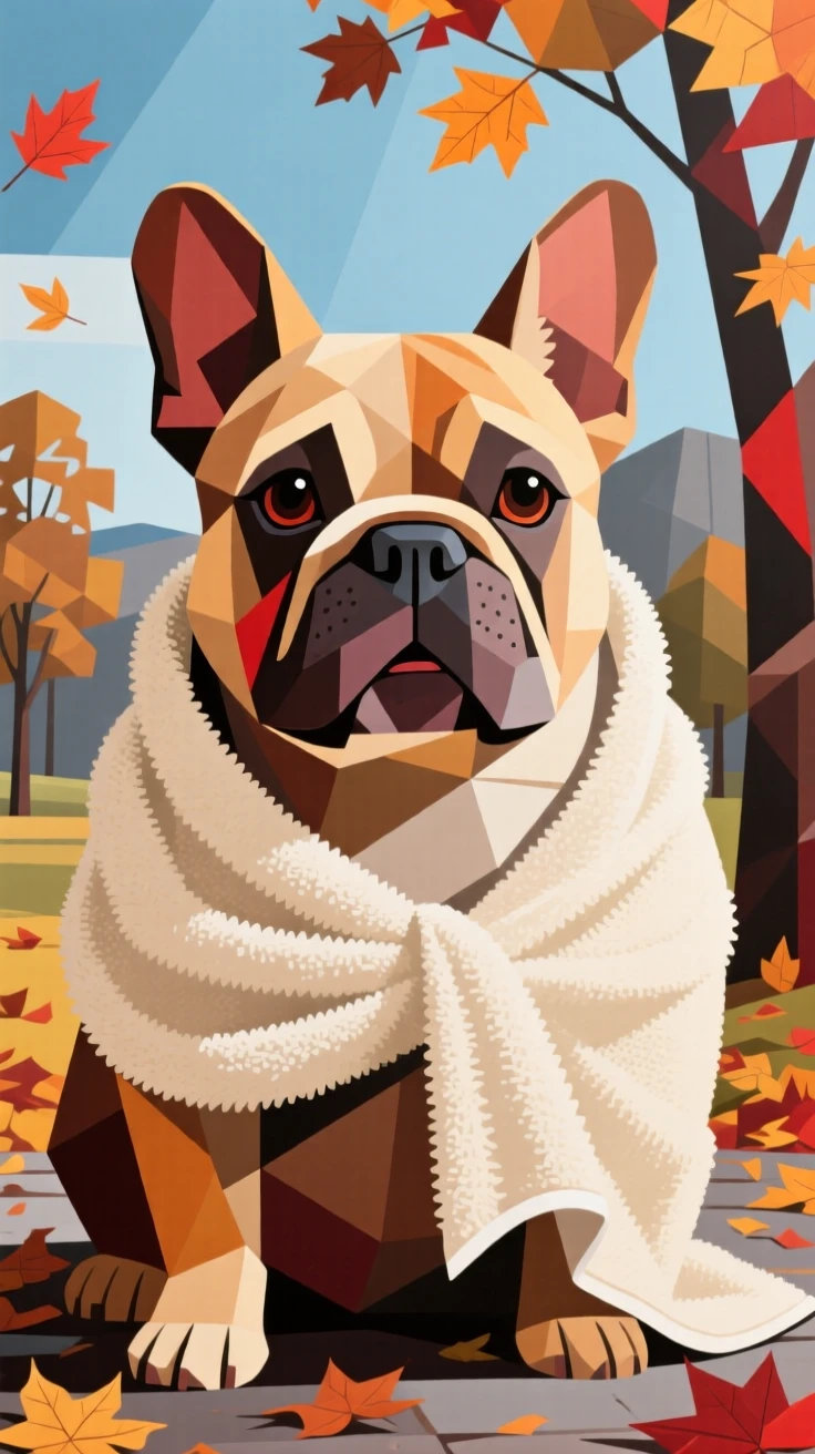 A charming portrait of a chubby french bulldog wrapped in a soft towel after a bath, on a crisp autumn day.