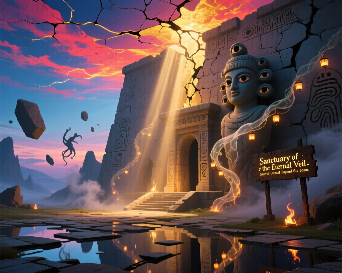 An ancient temple where light pours through a ceiling of open sky holds its secrets quietly behind crumbling stone walls, as faint golden light spills from cracks in its walls.