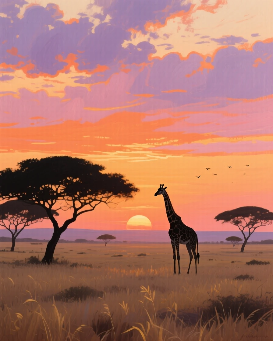 A dramatic sunrise breaks over the Serengeti, layers of orange and pink clouds stretching to the horizon above silhouetted acacia trees and a distant giraffe, with the crisp, still air carrying only the faintest sounds of distant birdsong.