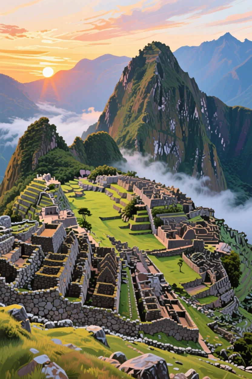 A sweeping view of Machu Picchu at sunrise, mist clinging to the ancient stone terraces