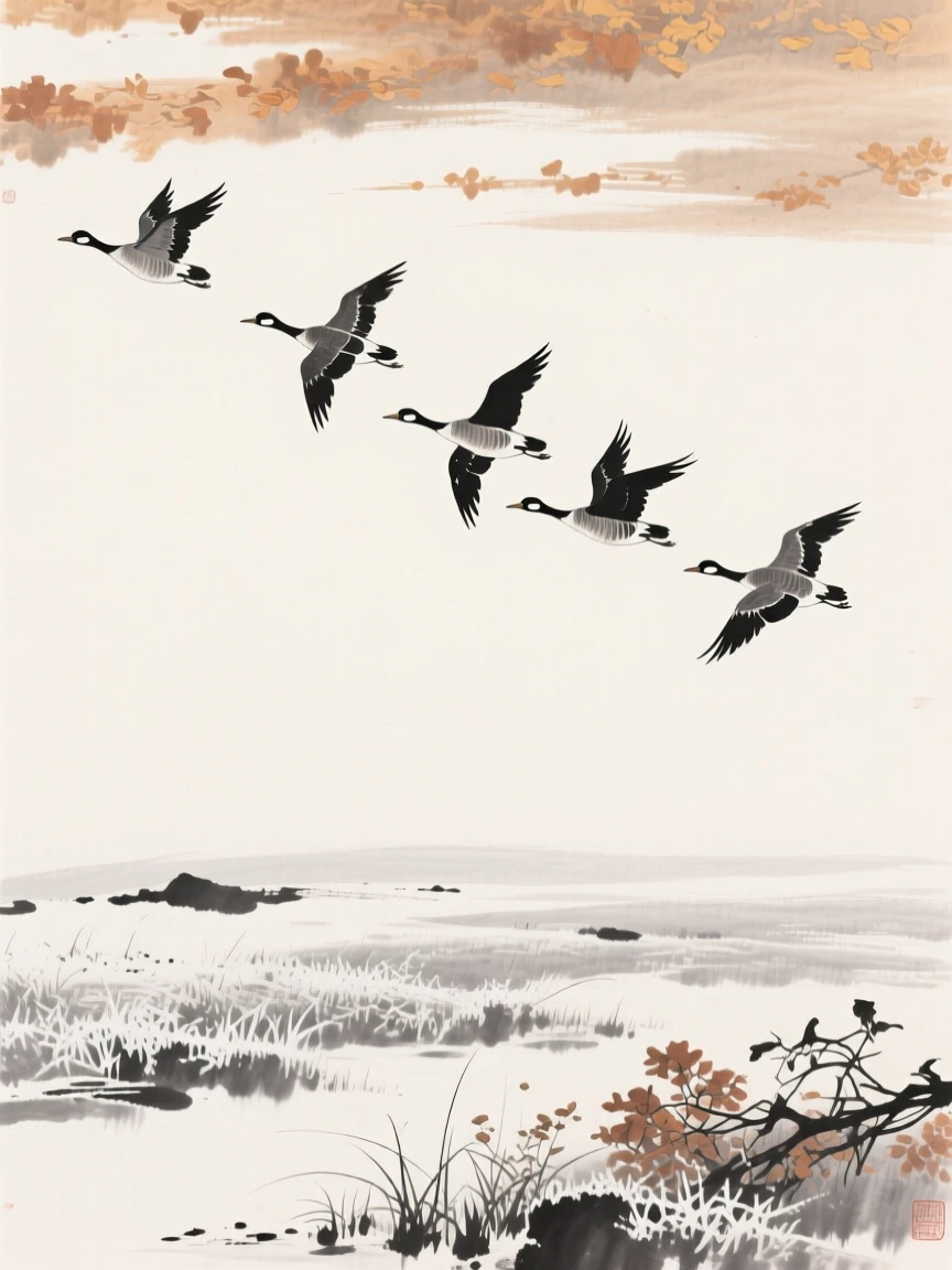 A formation of wild geese flies in a V across an autumn sky, over a landscape dusted with the season's first frost.