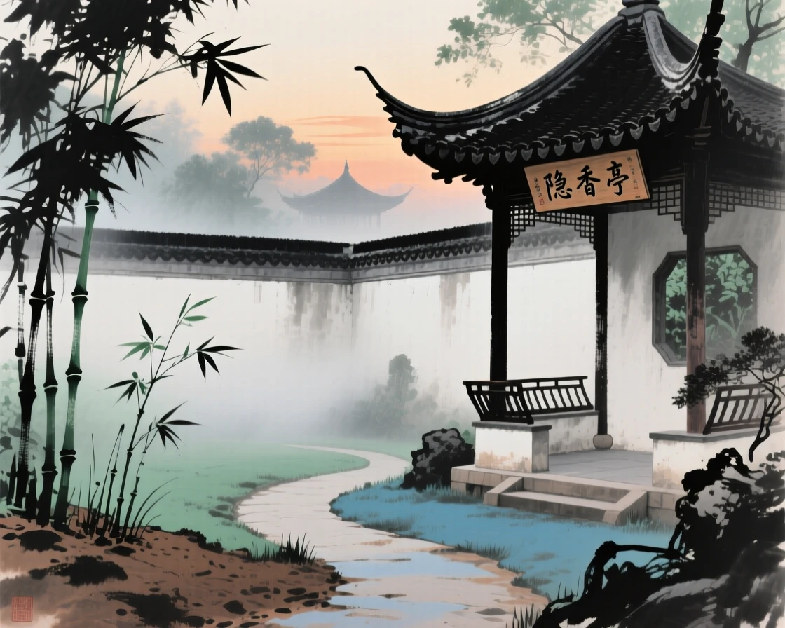 A walled garden with a winding path leading to a hidden pavilion, through a light drifting mist, as new bamboo shoots break through the soil, at dusk.