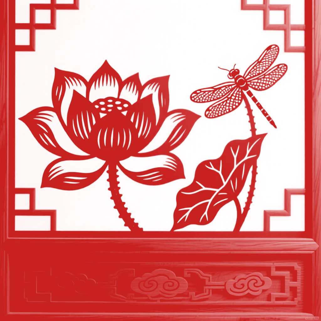 A single lotus bloom resting on a carved wooden windowsill, while a dragonfly rests on a single leaf.