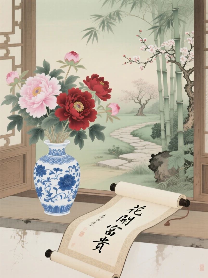 A vase of peonies beside an open scroll on a windowsill overlooking a garden