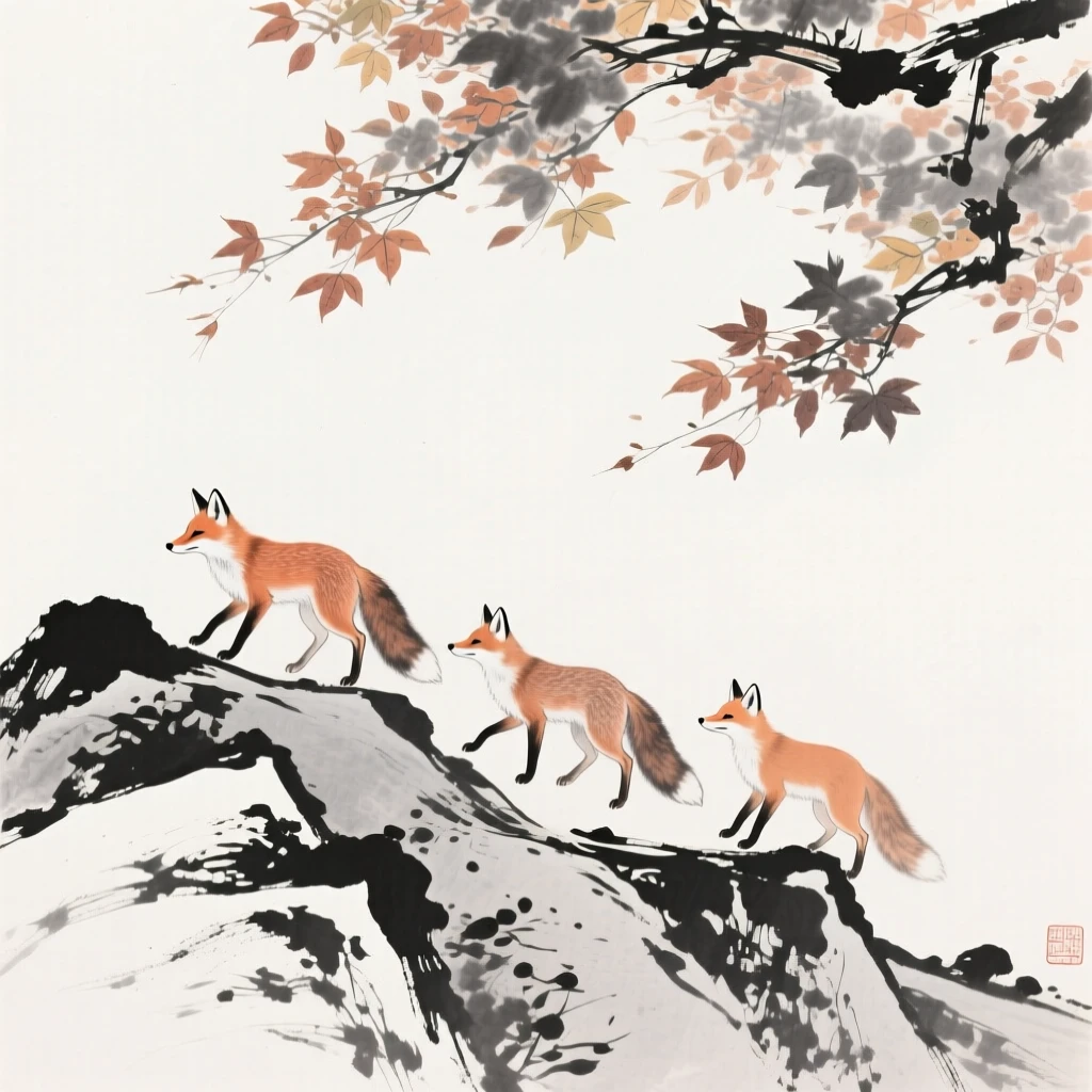 A family of foxes moving cautiously along a rocky ridge beneath a canopy of autumn leaves, positioned off-center, leaving space for the quiet landscape around it, suggesting calm alertness within a peaceful world.