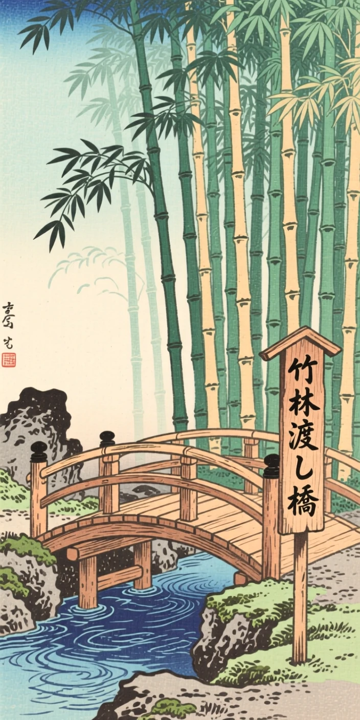 A dense bamboo grove, crossed by a simple wooden footbridge.