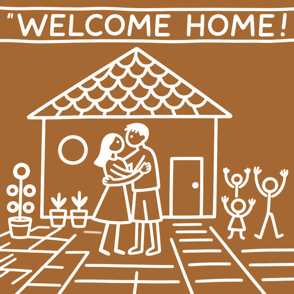 A young couple embracing after a long separation in the courtyard of a family home.