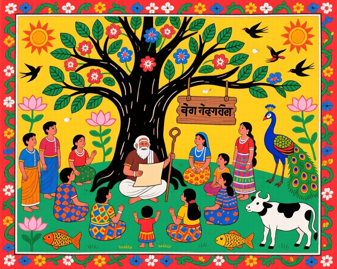 Villagers gathering under a great tree to hear an elder's story.