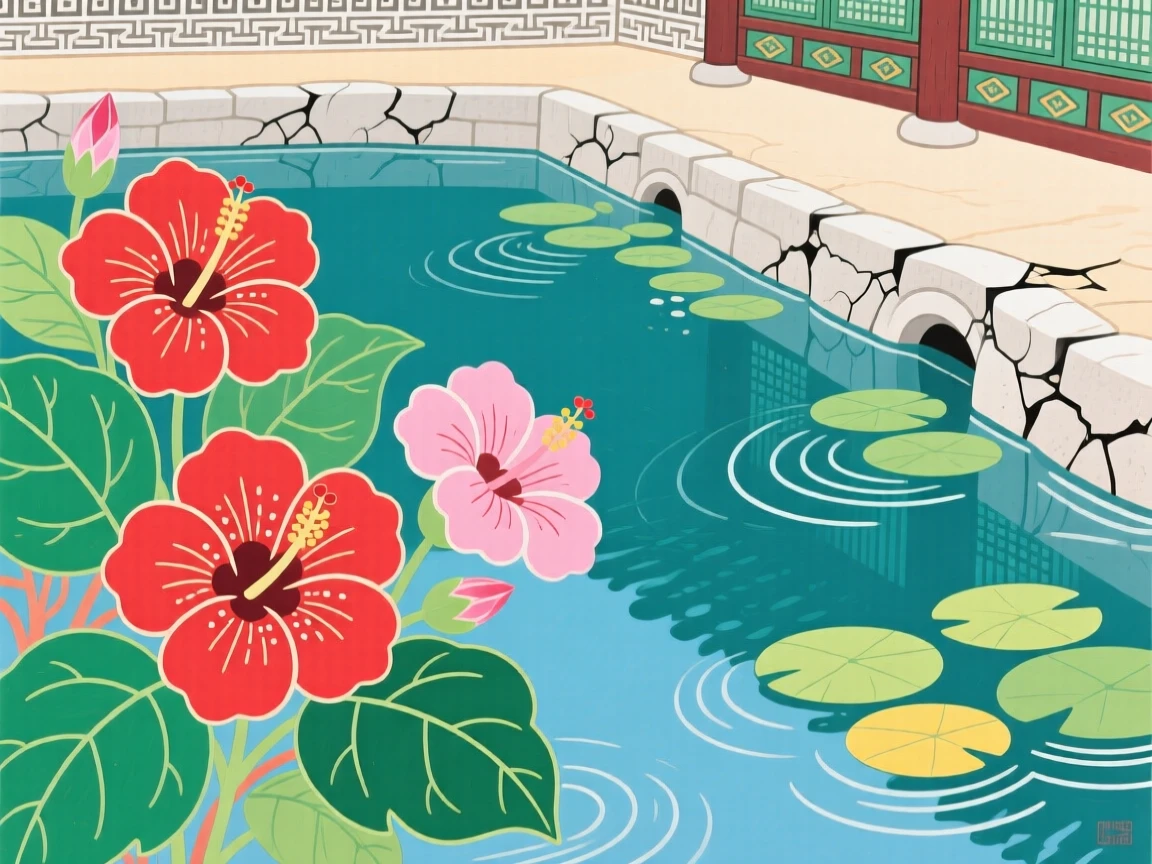 Hibiscus flowers in bright bloom beside a quiet temple pond.