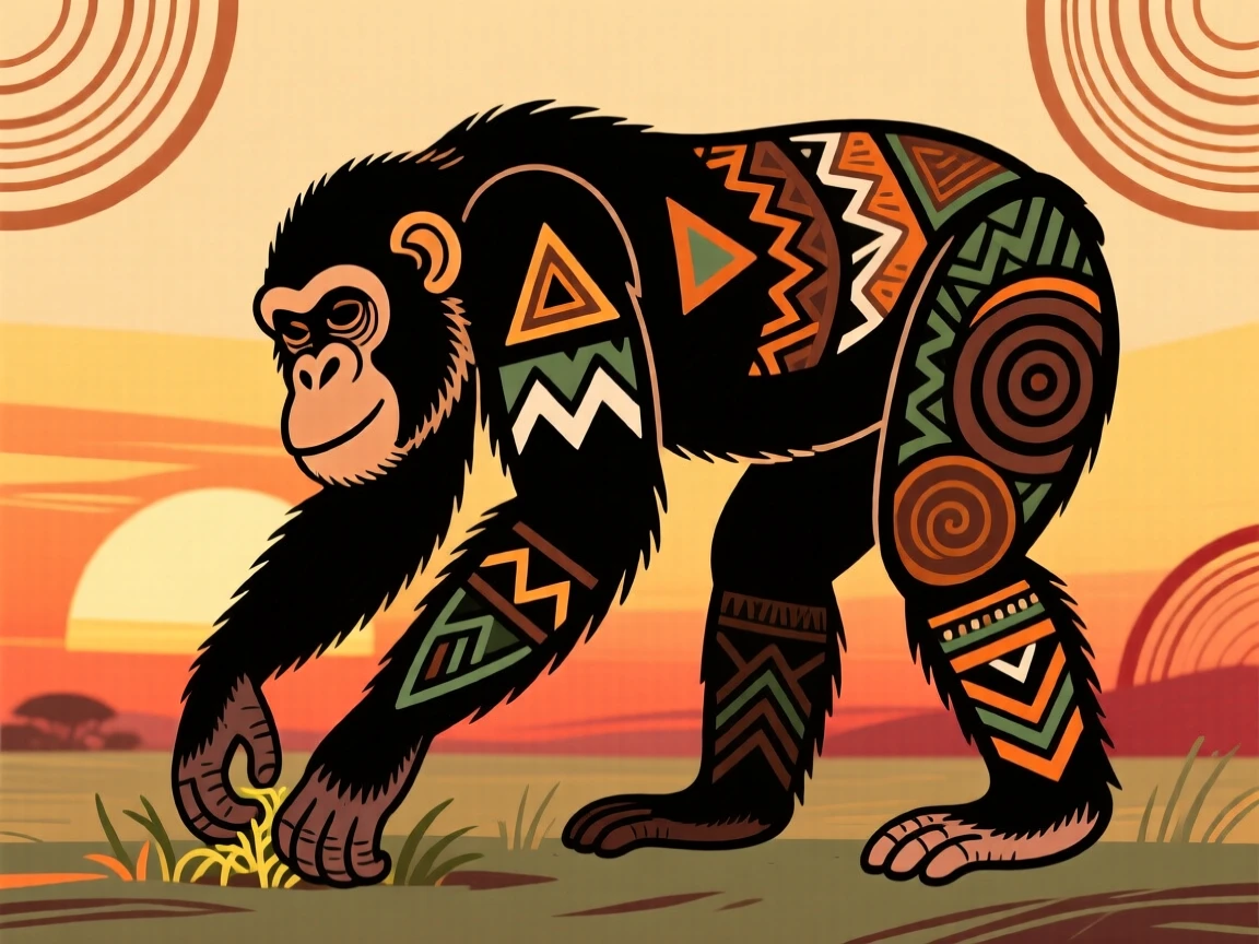 A chimpanzee grazing at sunrise.