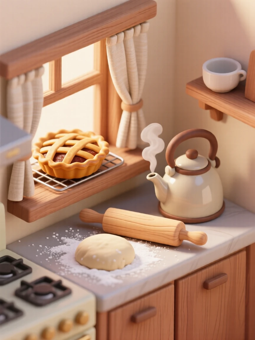 A cozy kitchen scene with a pie cooling on the windowsill, flour dusting the counter, a rolling pin resting beside dough, and steam rising from a kettle.