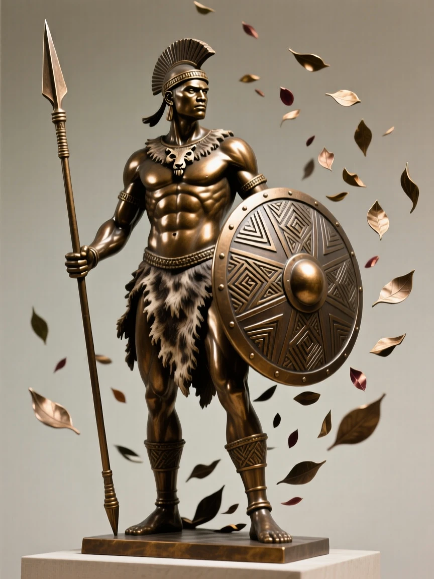 A zulu warrior standing proud with spear and shield, surrounded by falling petals or leaves, forming a strong central focal point