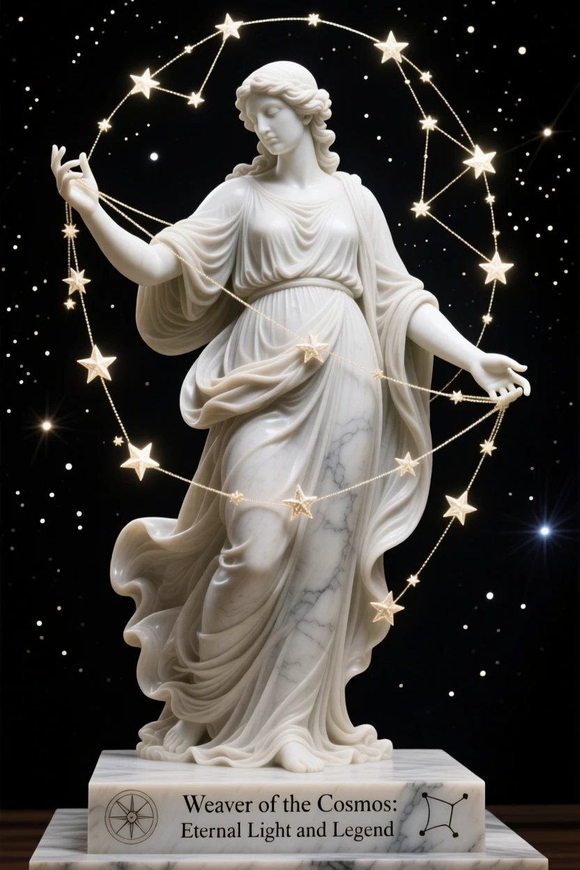 A celestial being weaving constellations by hand, bathed in an otherworldly glow, radiating power and legend