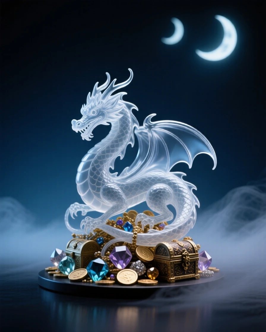 A small dragon curled around a treasure hoard under a twilight sky filled with two moons, atmospheric fog rolling through the scene, feeling mysterious and enchanting.