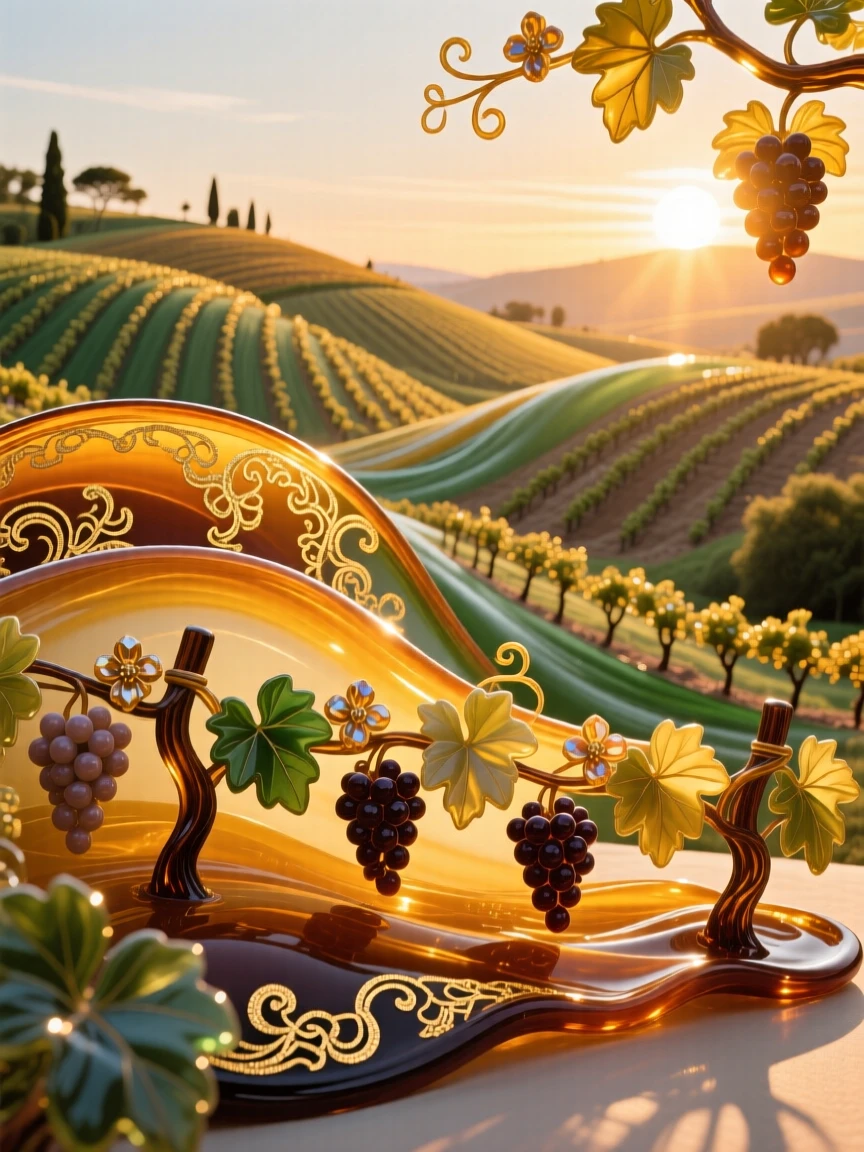 A rolling vineyard hillside glowing gold in the late afternoon sun, warm and idyllic.