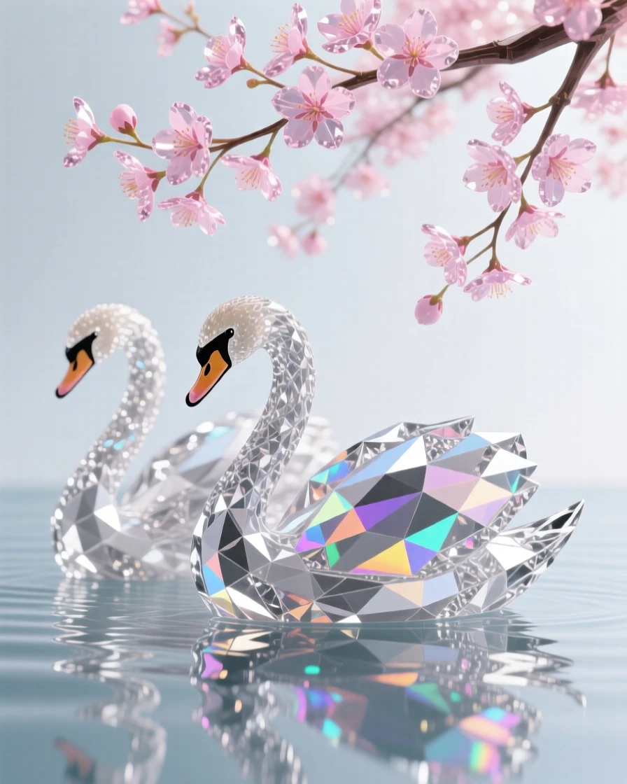 A pair of swans gliding beneath a cherry blossom canopy on a still river.