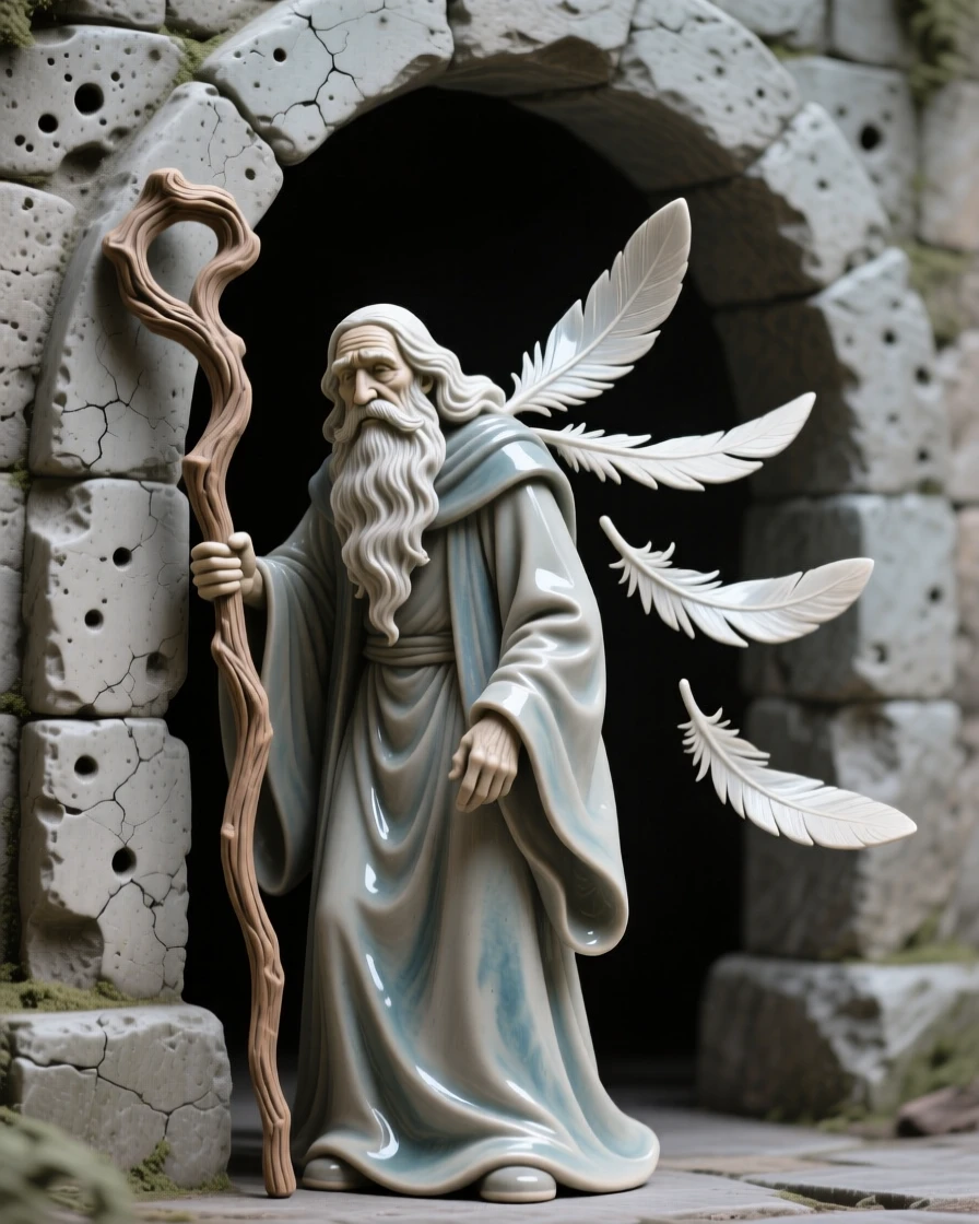 A wise old wizard leaning on a gnarled staff standing guard beside an ancient stone archway, with delicate feathers trailing like ribbons, stirring a sense of awe and quiet reverence.