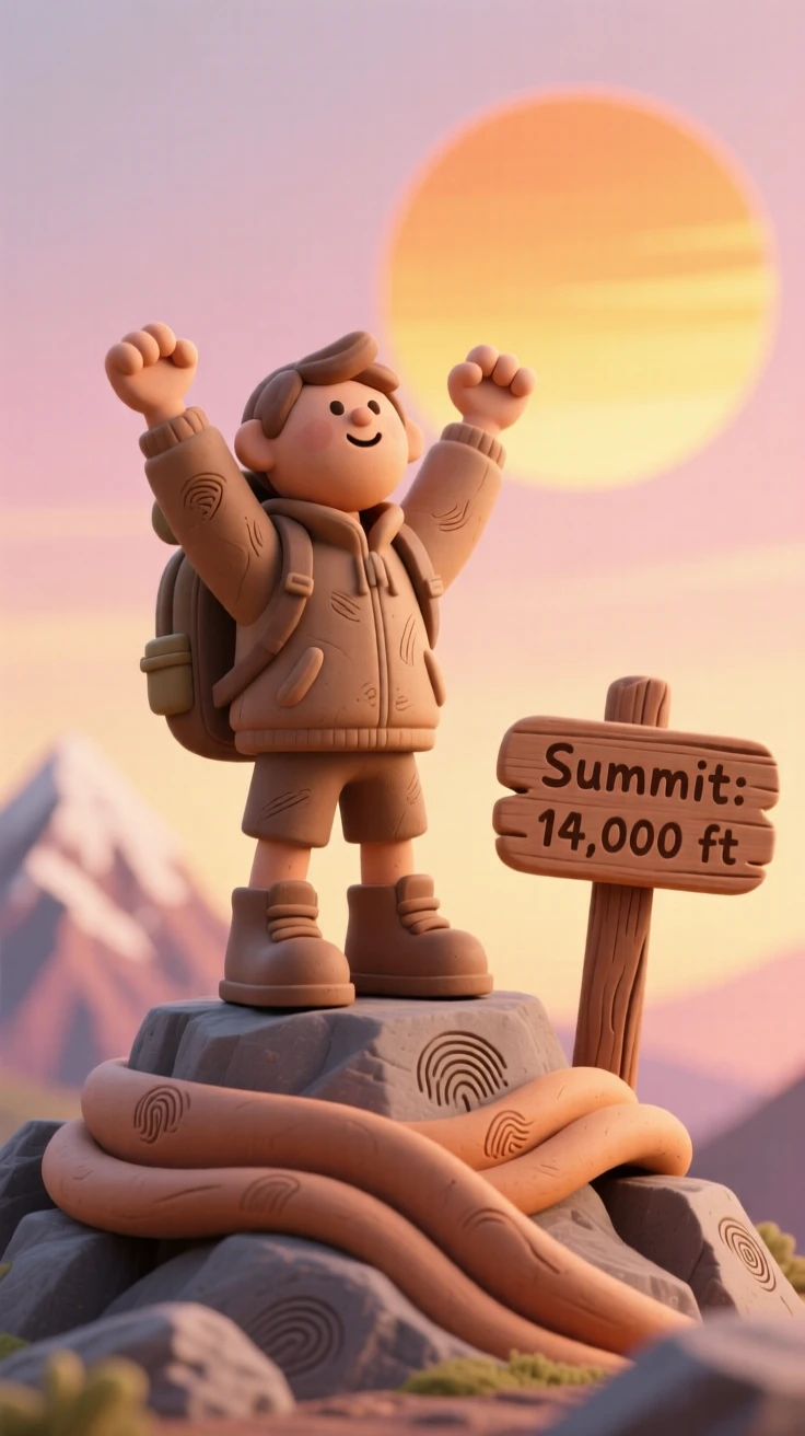 A hiker reaching a mountain summit at sunrise, arms raised in triumph