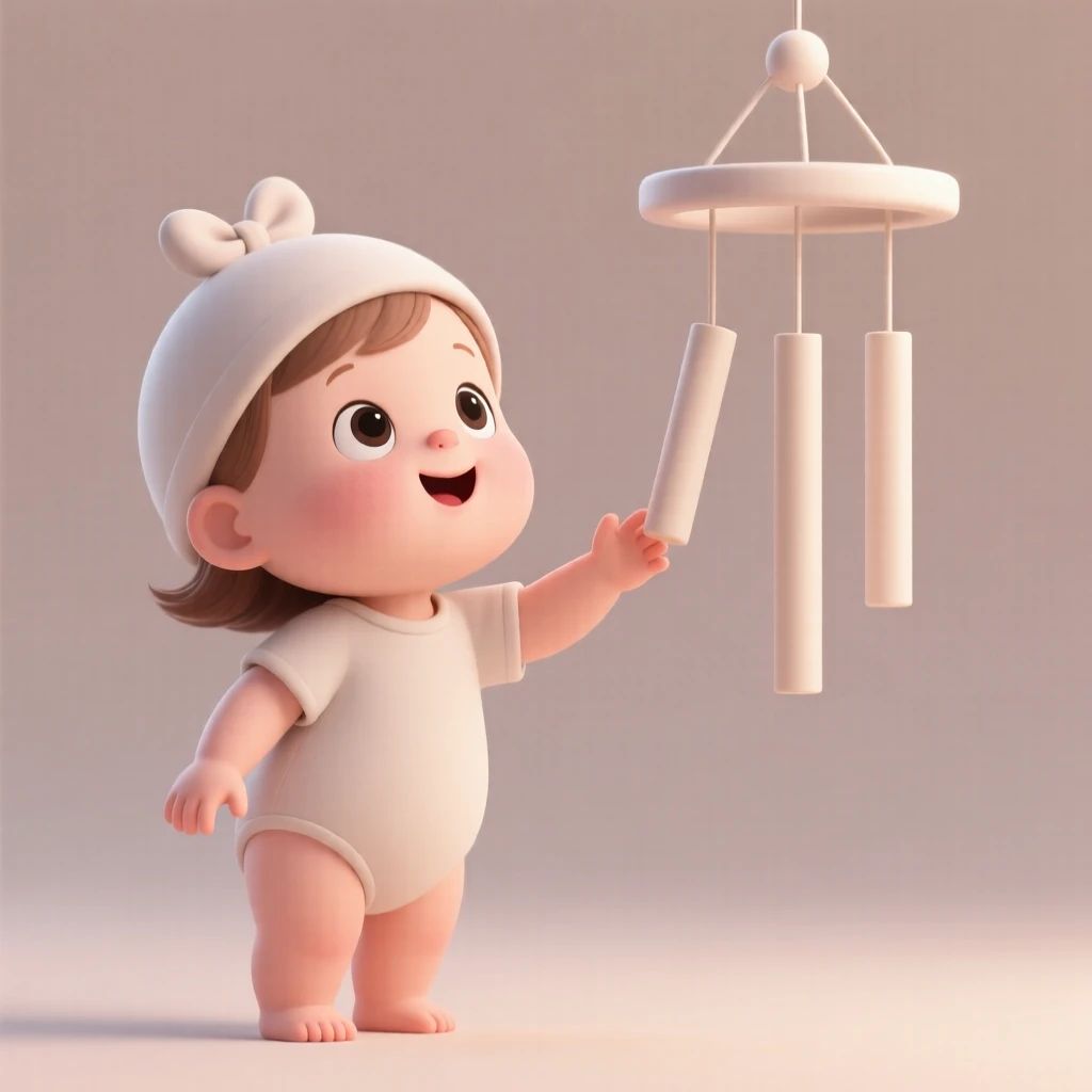 A baby girl reaches toward a wind chime, giggling as the gentle tinkling sound catches her attention.