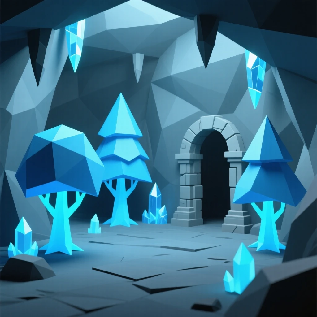 An enchanted forest with luminous blue trees, inside a cavern glittering with crystal light. intricate details enrich the ancient architecture. The scene feels magical and full of wonder.