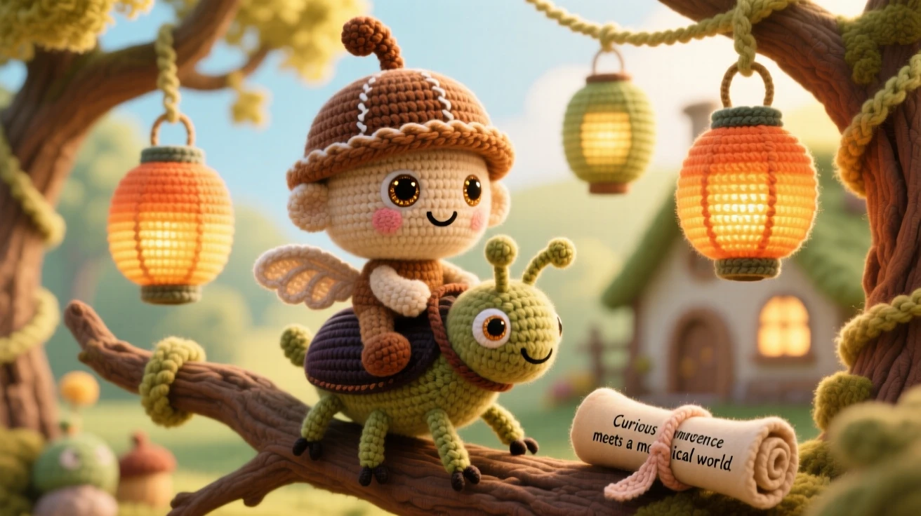 In a sunlit treetop village strung with lanterns, a tiny acorn imp wearing an acorn cap as a helmet is captured riding a beetle like a tiny steed, surrounded by a tiny scroll tied with a ribbon, filled with curious innocence meeting a magical world.